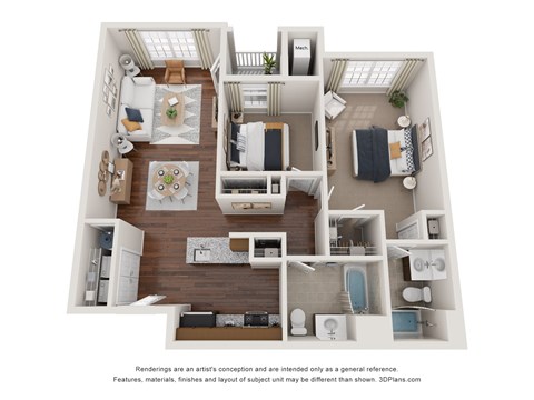 Floor plan for 2 beds, 2 baths, 1032 sqft